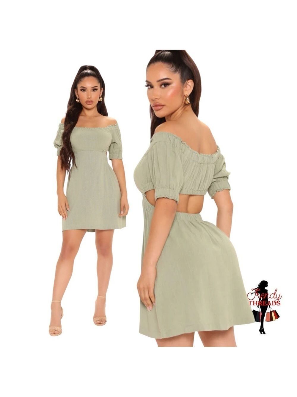 58 Fashion Nova NEW Riley Linen Mini Dress LARGE Sage Off Shoulder Boho Green